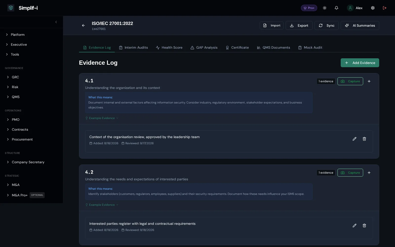 Simplif-i framework view showing requirements and evidence coverage for a compliance framework